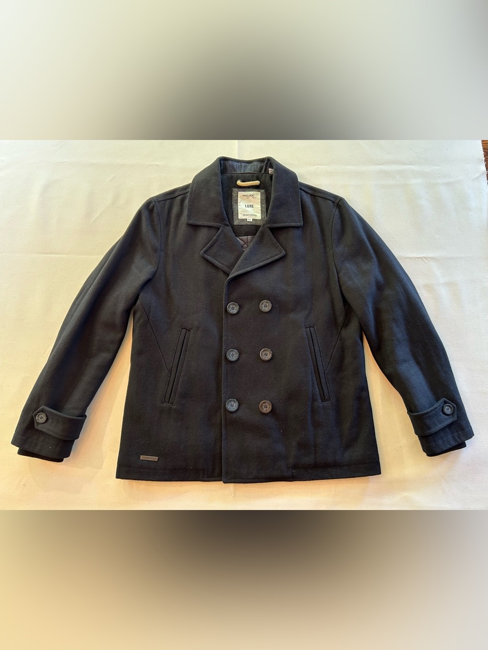 Projek Raw Luxe Men's Black Wool Blend Double Breasted Pea Coat L - Picture 3 of 10